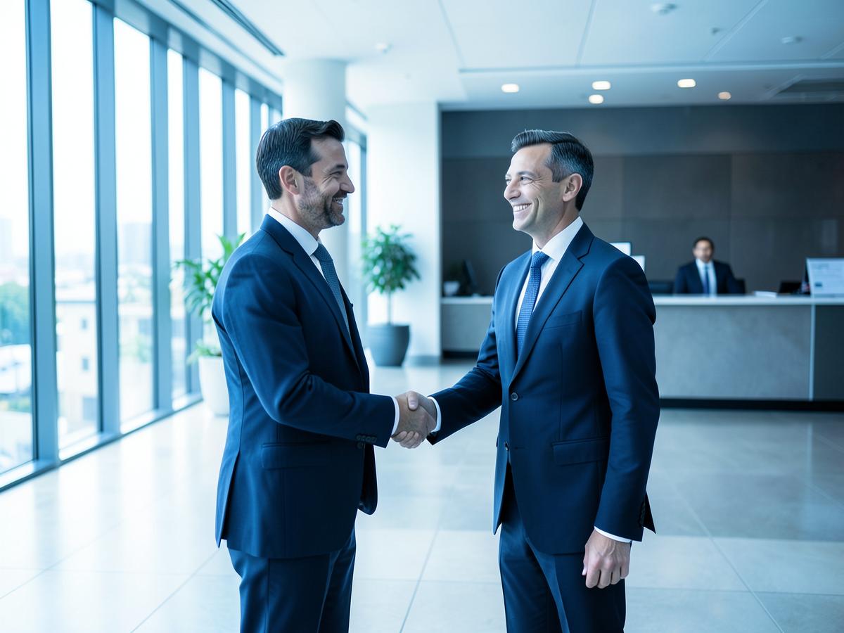 Security company owner meeting a client in an office lobby