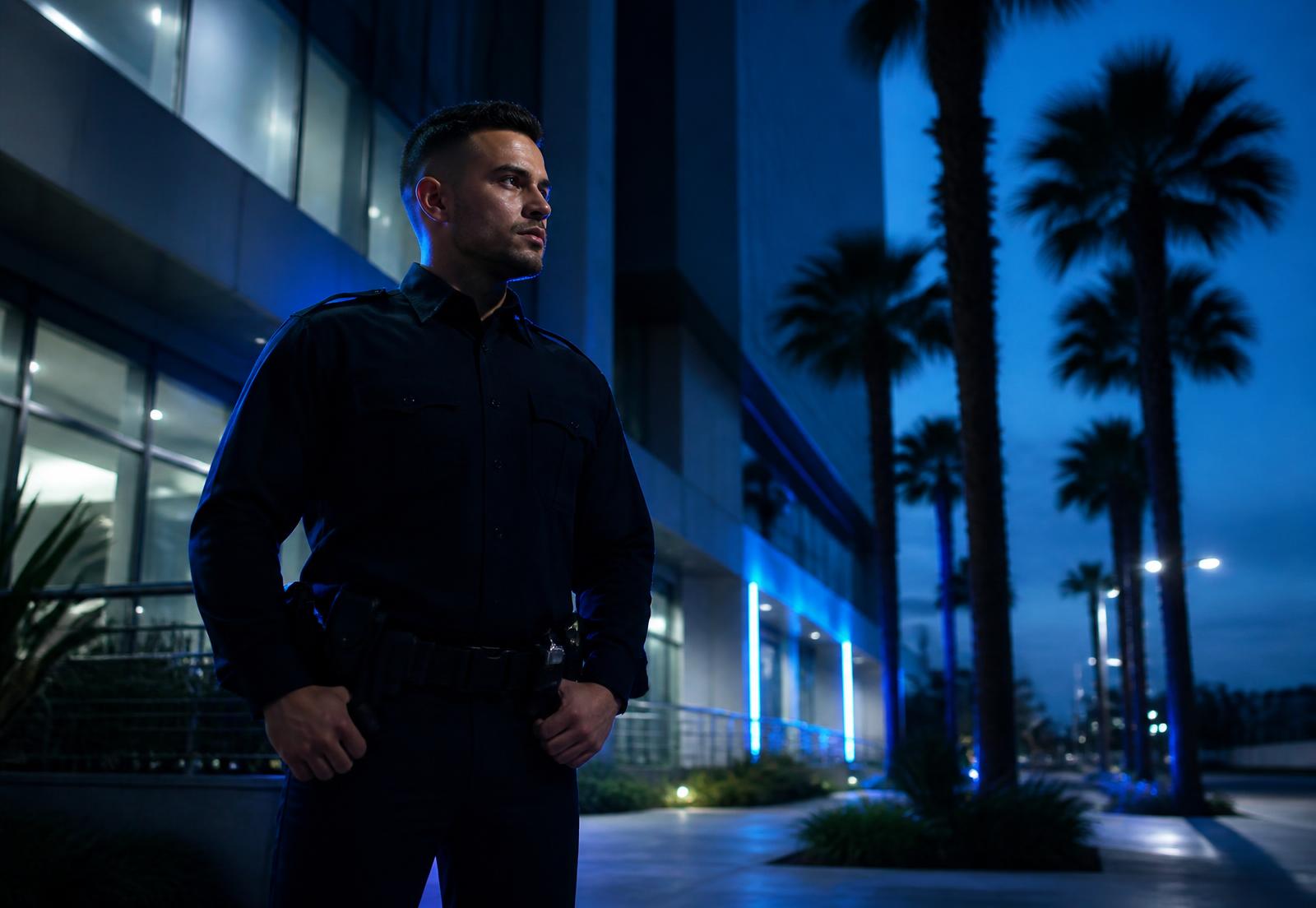 Licensed security officer on patrol outside a California commercial property at dusk